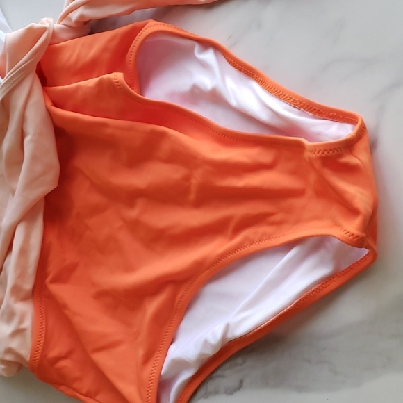 Felnart V Neck Orange Color Block Wrap Swimsuit with a Bowknot Size M - Picture 10 of 11